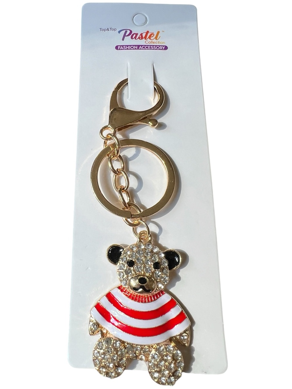 Gold Teddy Keychain and Bag Charm with Red & White Striped Shirt